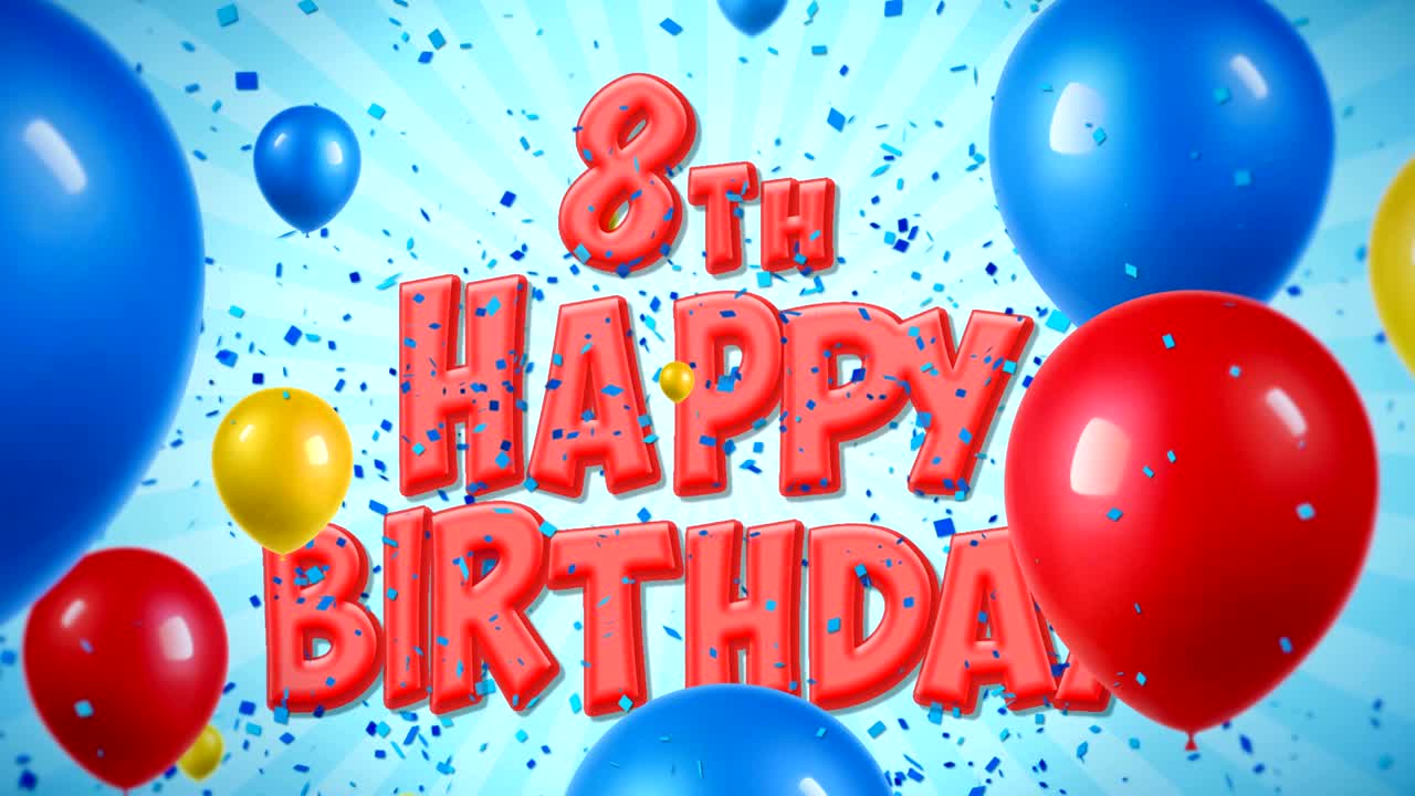 8o cumpleaños feliz texto rojo aparece en confeti popper explosiones cayendo y partículas de brillo, coloridos globos voladores animación de bucle sin fisuras para deseos saludos, fiesta, invitación, tarjeta.