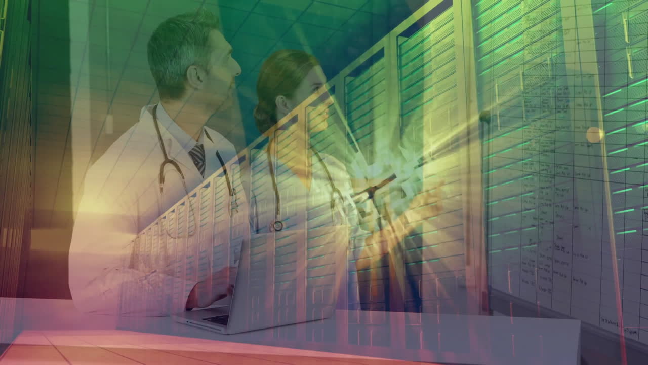 Doctors analyzing patient schedules at clinic desk, showing animated data charts and moving icons