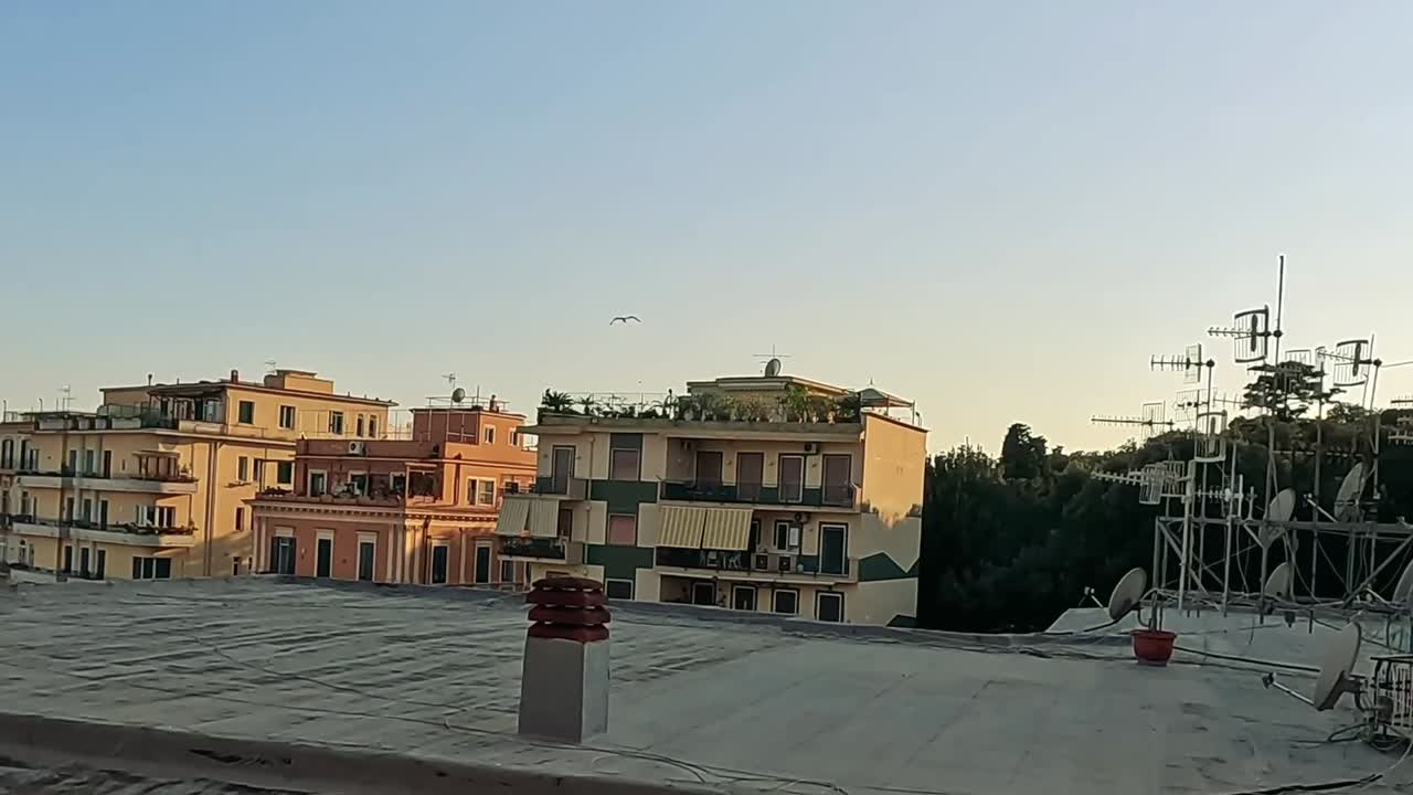 A serene view of rooftops and distant ocean under the evening sky.