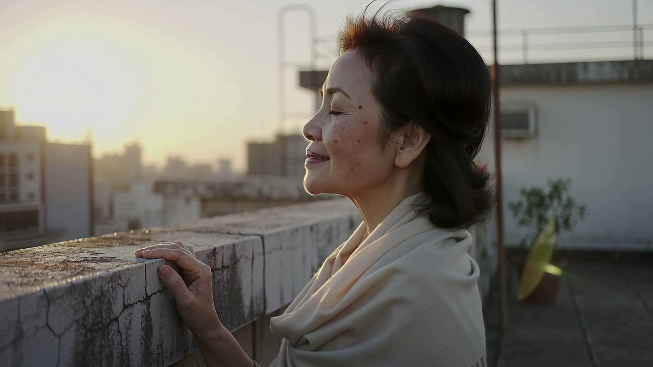 Donna asiatica che solleva il viso mentre il sole tramonta su una terrazza, con scialle e parapetto, spazio per il testo