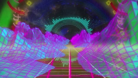 animación de texto japonés sobre líneas de neón y fondo metaverso