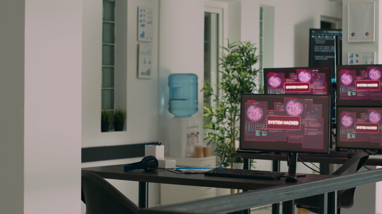 IT office with multiple monitors showing critical error message flashing on screens