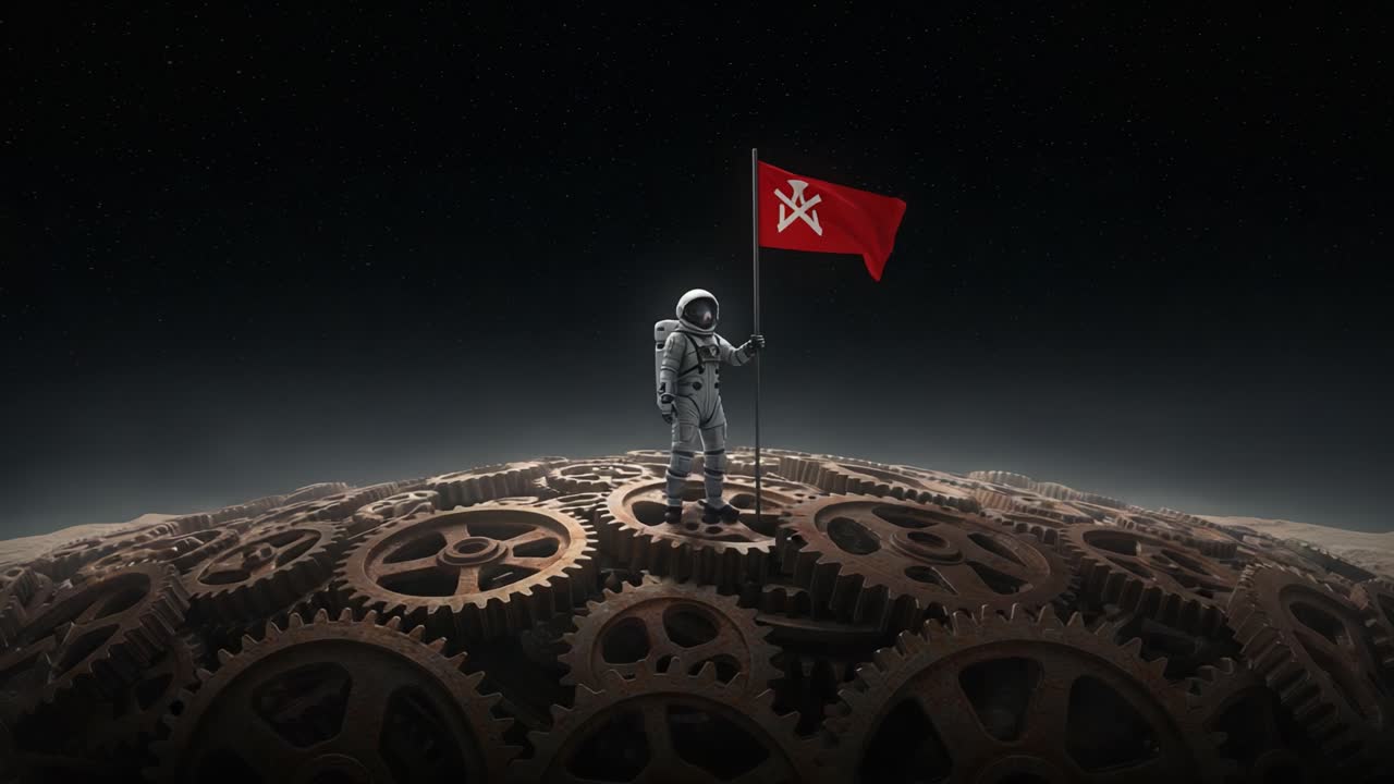 An Astronaut Triumphantly Standing on a Mechanized Planet of Gears, Holding a Flag Against a Starry Background, Symbolizing Exploration and Innovation