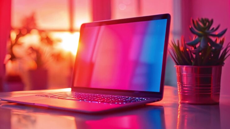 Lebendiger Laptop und Pflanze auf dem Schreibtisch in Sonnenuntergangstönen
