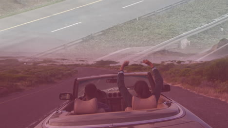 animación de carretera sobre pareja biracial en viaje por carretera en coche