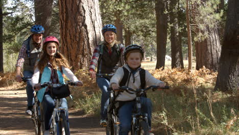 family riding mountain bikes through a forest cycle past