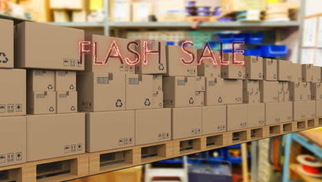 neon red flash sale text banner over multiple delivery boxes on conveyer belt against factory