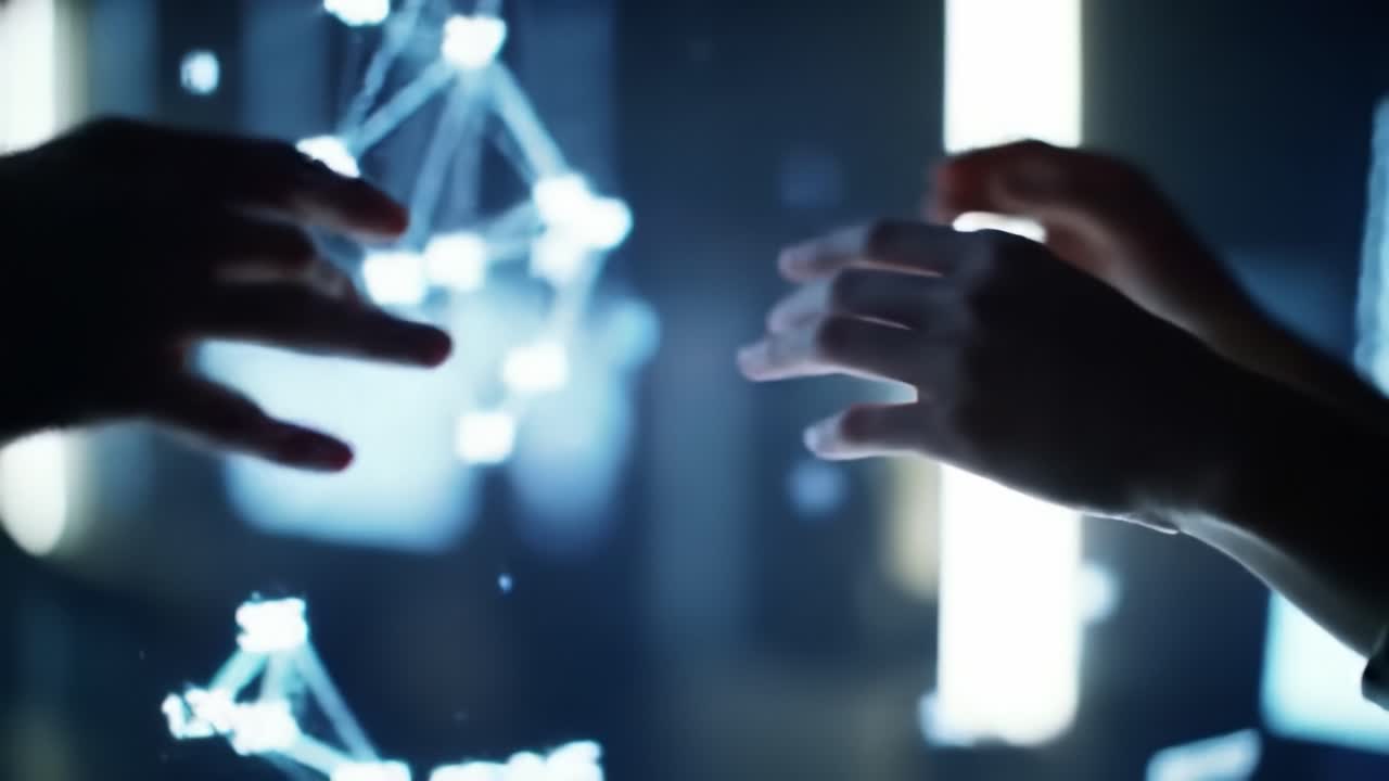 Two hands interact with a glowing digital display, showcasing complex data visualizations and analytics. This occurs at a high-tech research facility at night, highlighting innovation and technology.