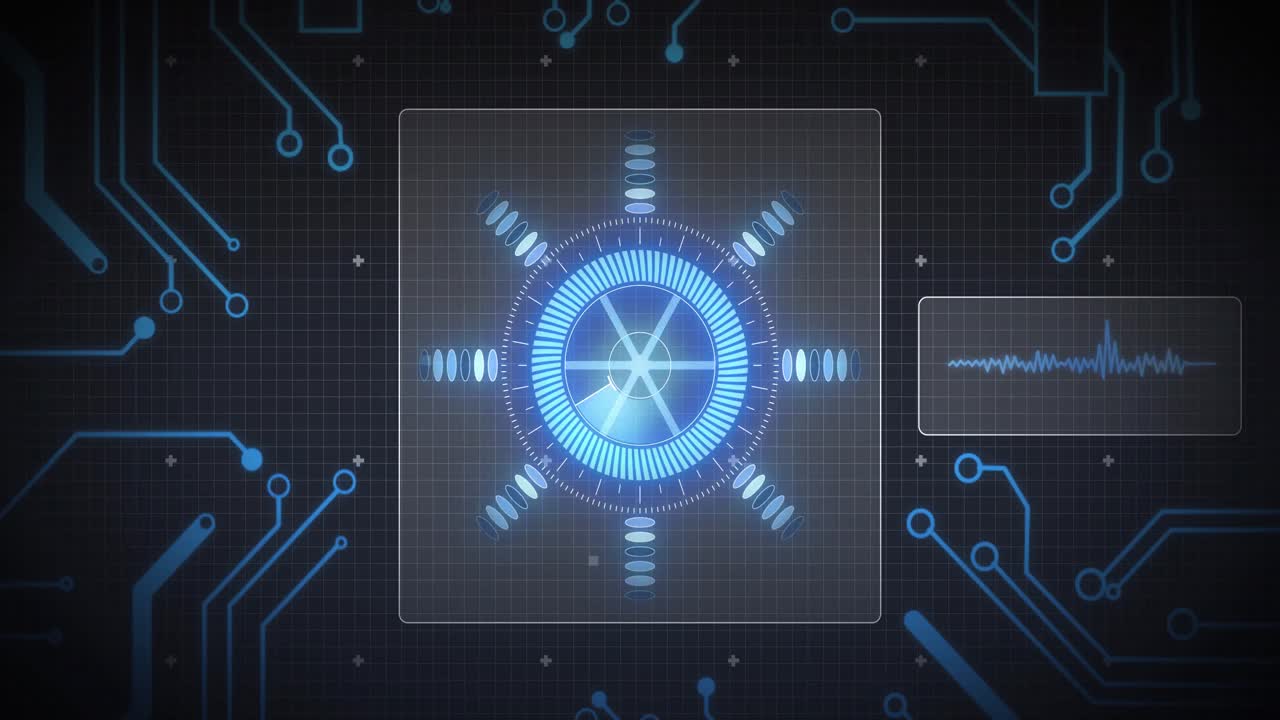 Animation of scope scanning, processor elements and data processing on screens over grid