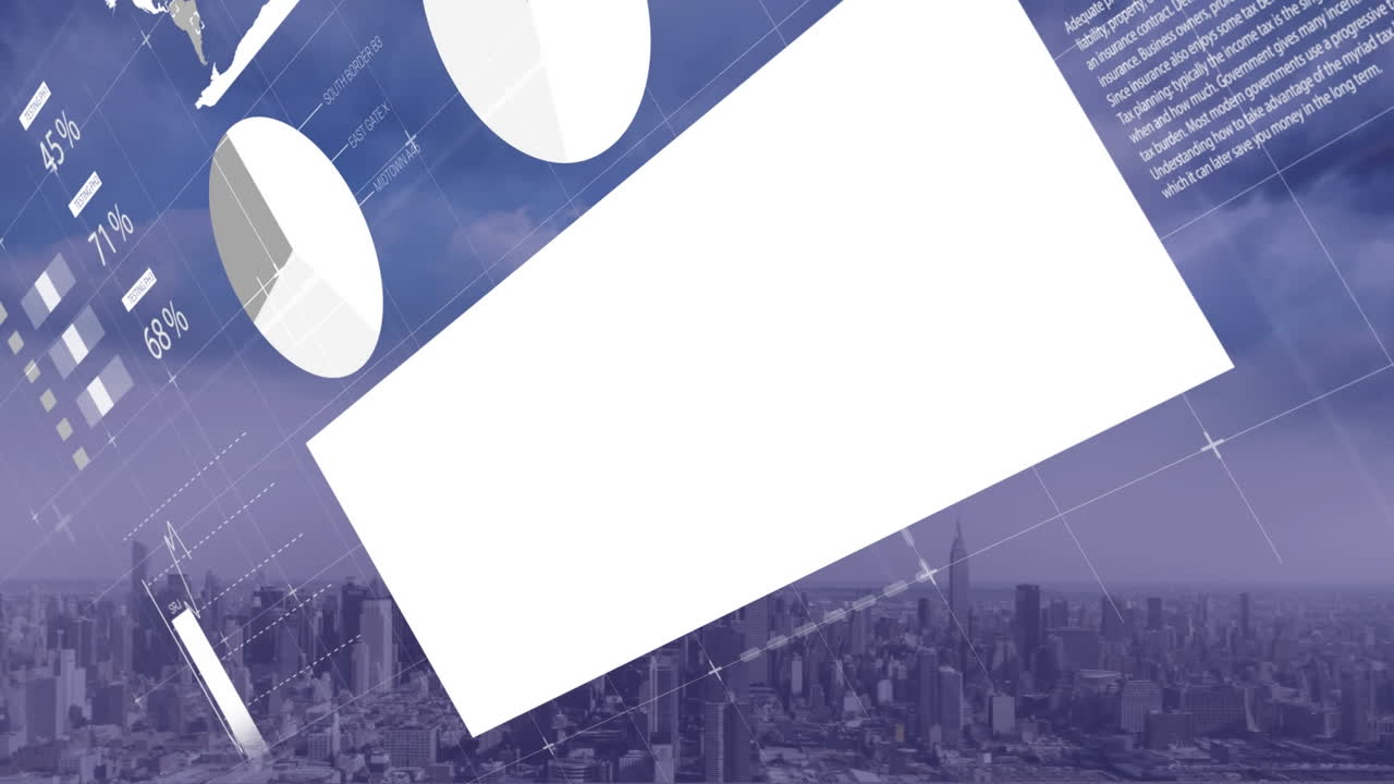 Animation of financial data processing over cityscape