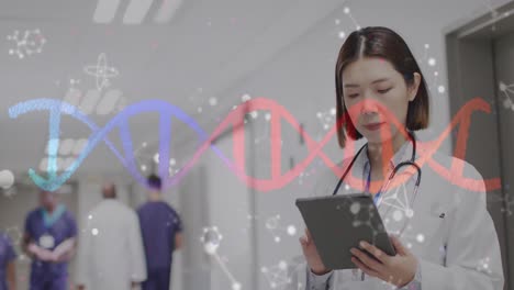 Animation-of-dna-strand-and-molecules-over-asian-female-doctor-using-tablet-in-hospital