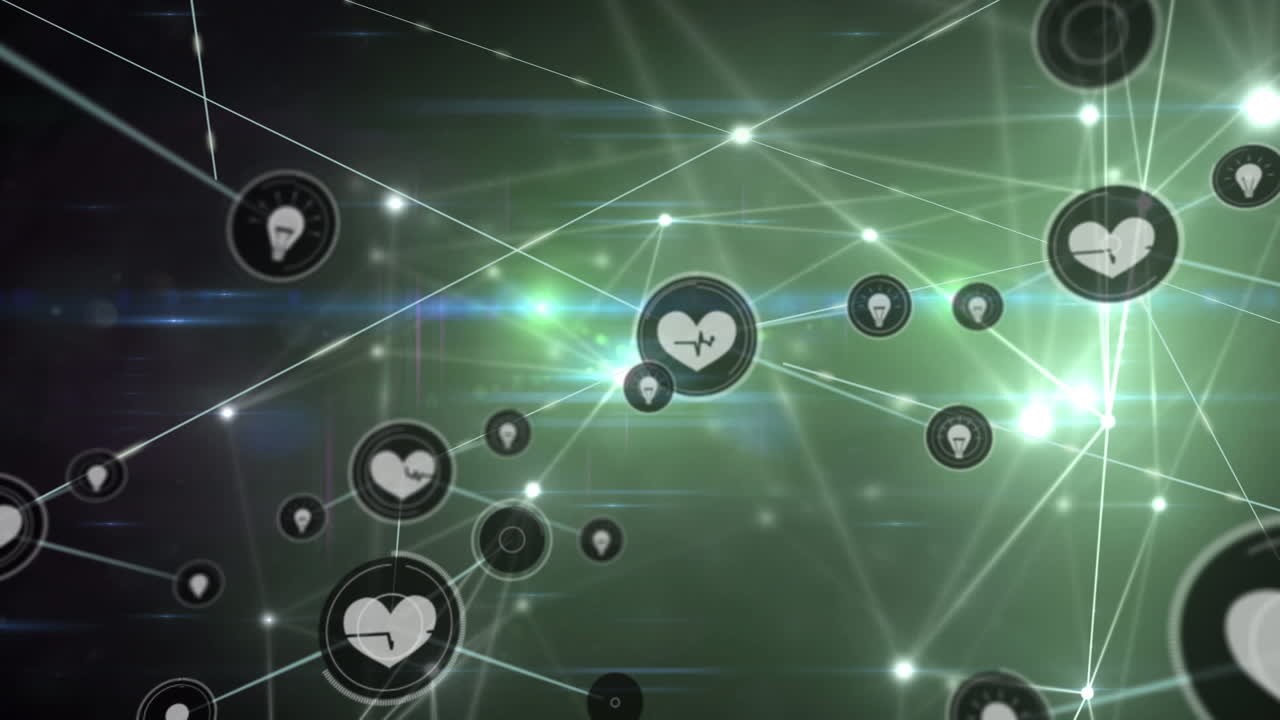 검은색 배경에 아이콘과 빛 반점이 있는 연결 네트워크의 애니메이션