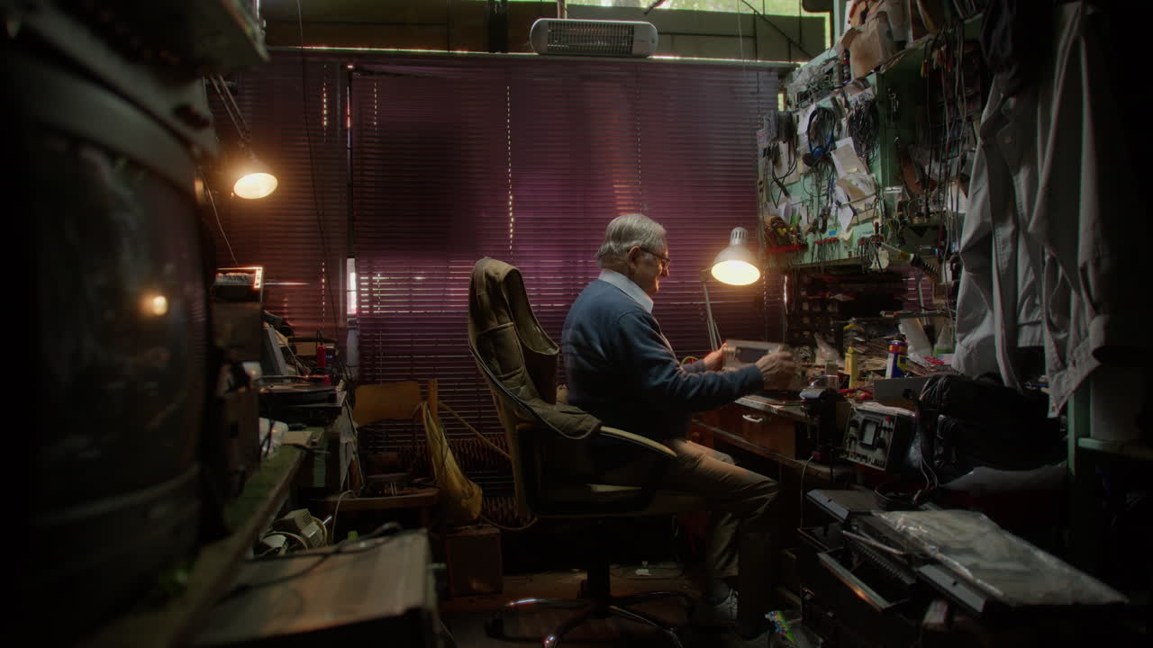 노인 백인 남자가 오래된 라디오 장비를 다루고, 넓은 측면  ⁇