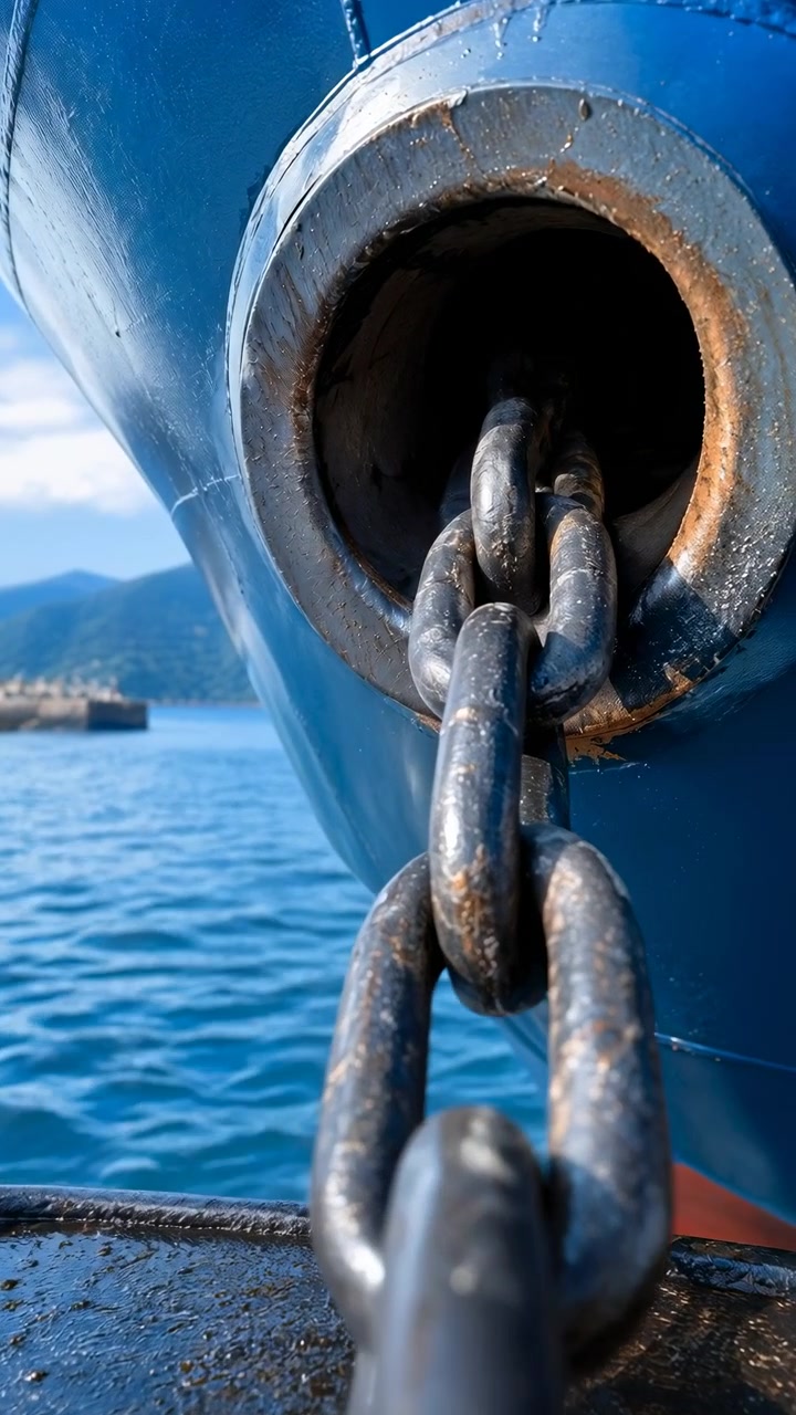 Vista ravvicinata cattura maglie di catena spesse che riposano attraverso un'apertura metallica mentre l'acqua calma si muove sullo sfondo, con riflessi della luce diurna, toni blu e composizione che evidenzia le texture della ferramenta marina