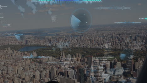animación de radares, lenguaje informático, ondas sonoras y mapa contra el paisaje urbano moderno