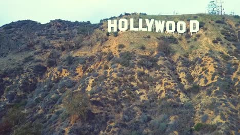 hollywood sign, aerial view of iconic landmark of movie industry on mount lee hills, los angeles, california usa