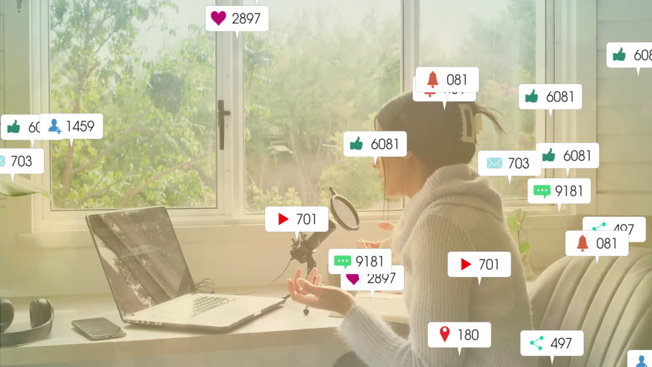 Recording podcast at home, person engaging with animation of social media notifications