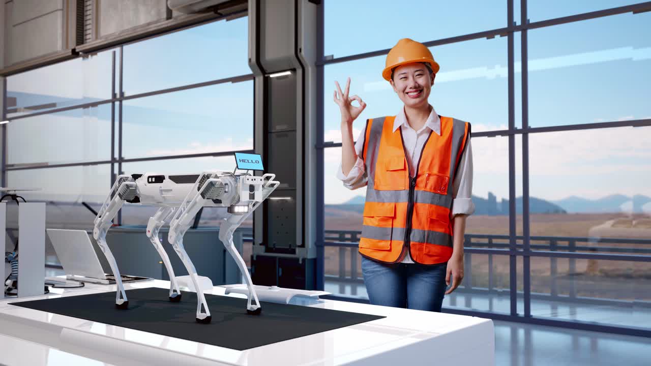 Full Body Of Asian Female Engineer With Safety Helmet Smiling And Showing Okay Gesture To The Camera While Standing In High Tech Factory, Analyzing Robotic Machine Concept