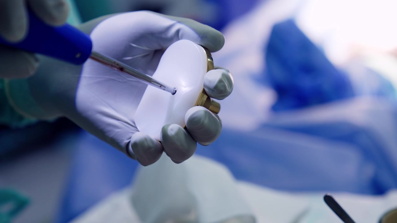 Doctor uses the screw driver in the knee prosthetic. Close up. Preparation for the orthopedic procedure.