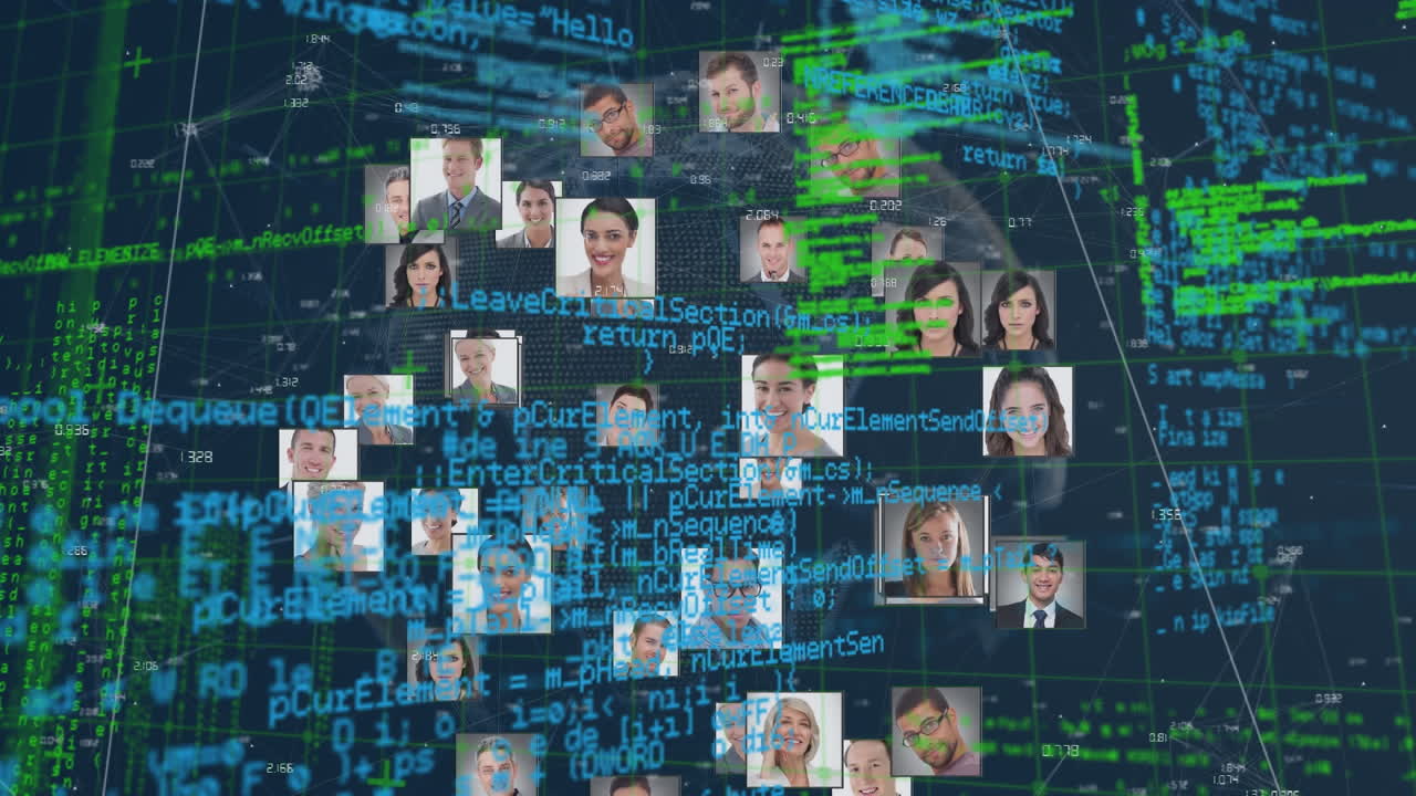 Digital animation of globe of business profile icons and data processing on blue background
