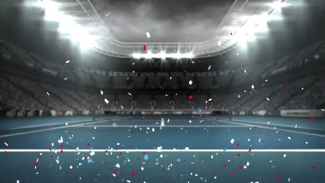 animación de confeti azul y rojo cayendo sobre el estadio deportivo