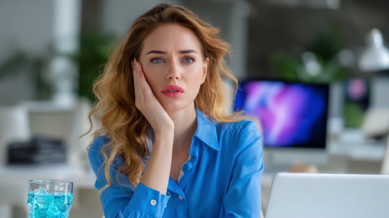 A young woman with long, flowing hair expresses a contemplative mood while resting her chin on her hand, sitting in an office space with soft, natural lighting and a cup of colorful drink beside her