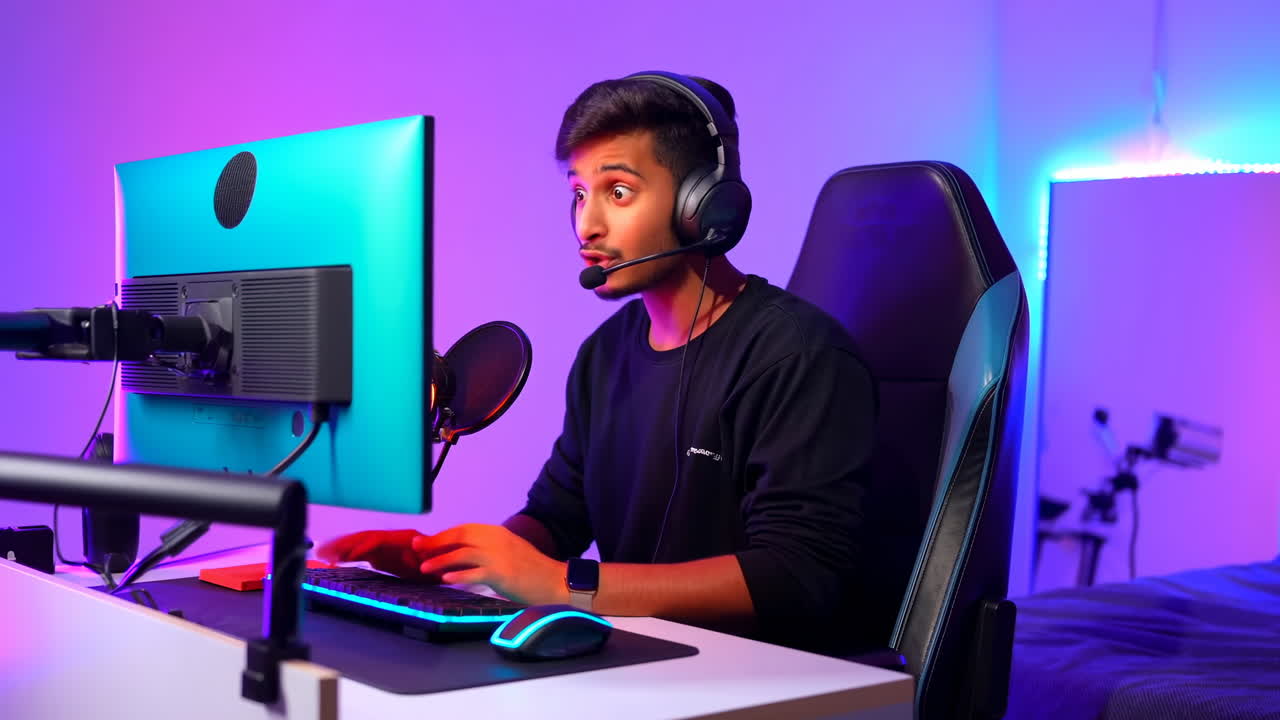 Excited Young Man Gaming and Streaming Online in Neon Lit Room