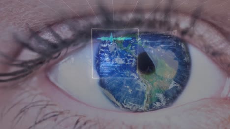 animation of digital screen with data processing over eye of caucasian woman