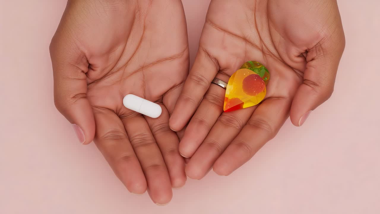 Showing adult hands comparing white tablet and gummy on pink table as camera starts, silver ring