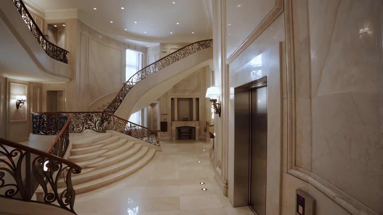 Luxurious Grand Marble Staircase and Elevator in an Opulent Interior