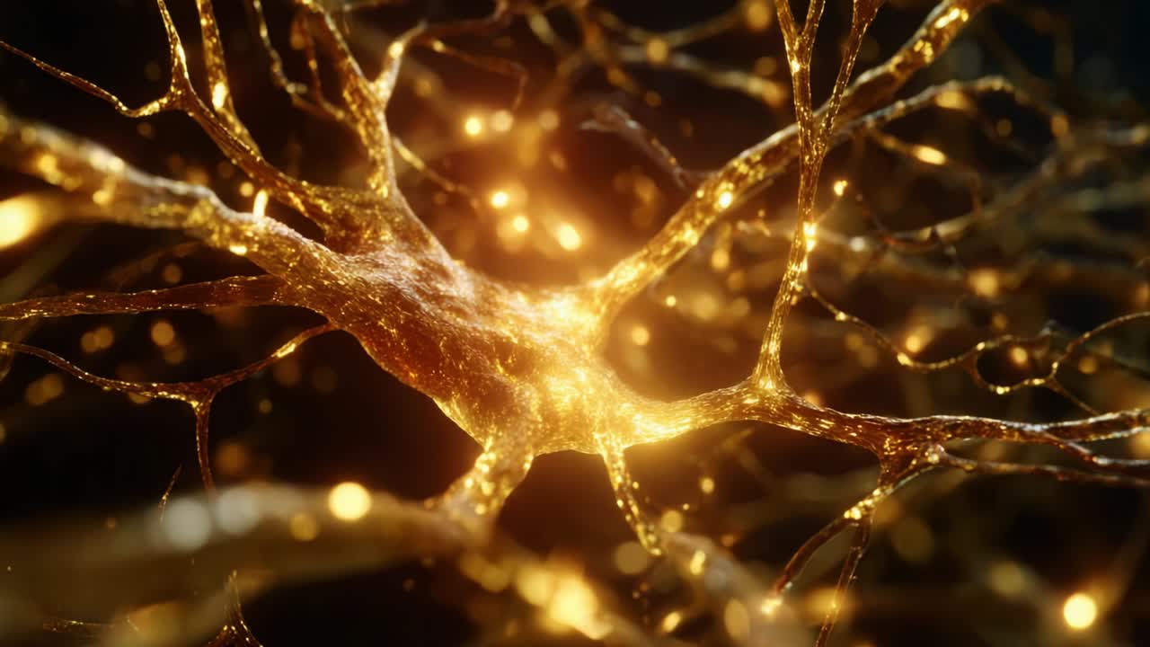 Intricate Golden Neuroscience Visualization: A Stunning Close-Up of Neurons Connecting and Communicating with Illuminating Light Effects, Capturing the Fascinating World of Neural Networks and Synapses