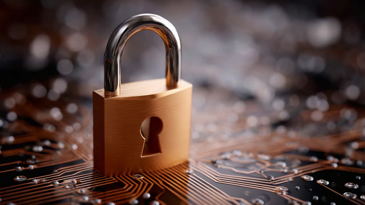 A secure brass padlock positioned on an intricate circuit board, symbolizing digital security and the importance of protecting sensitive information in technology