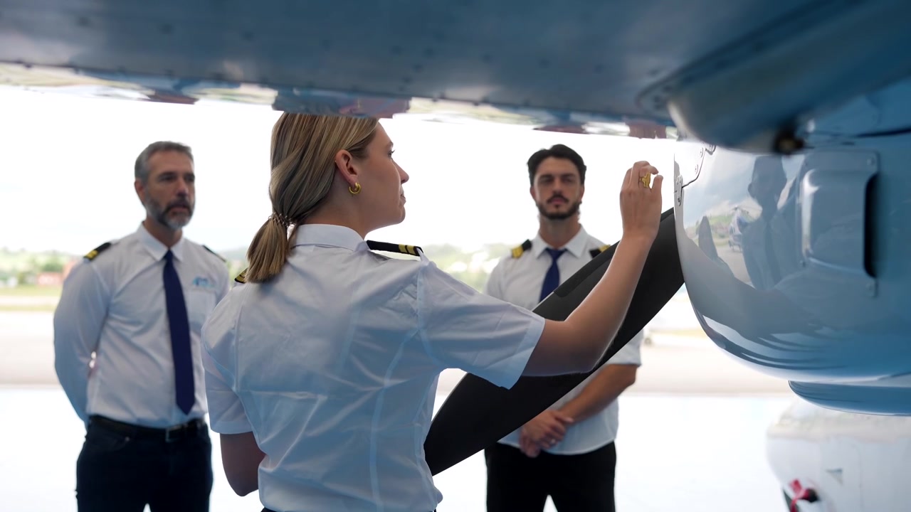 Female Pilot Instructing Crew During Pre-Flight Inspection