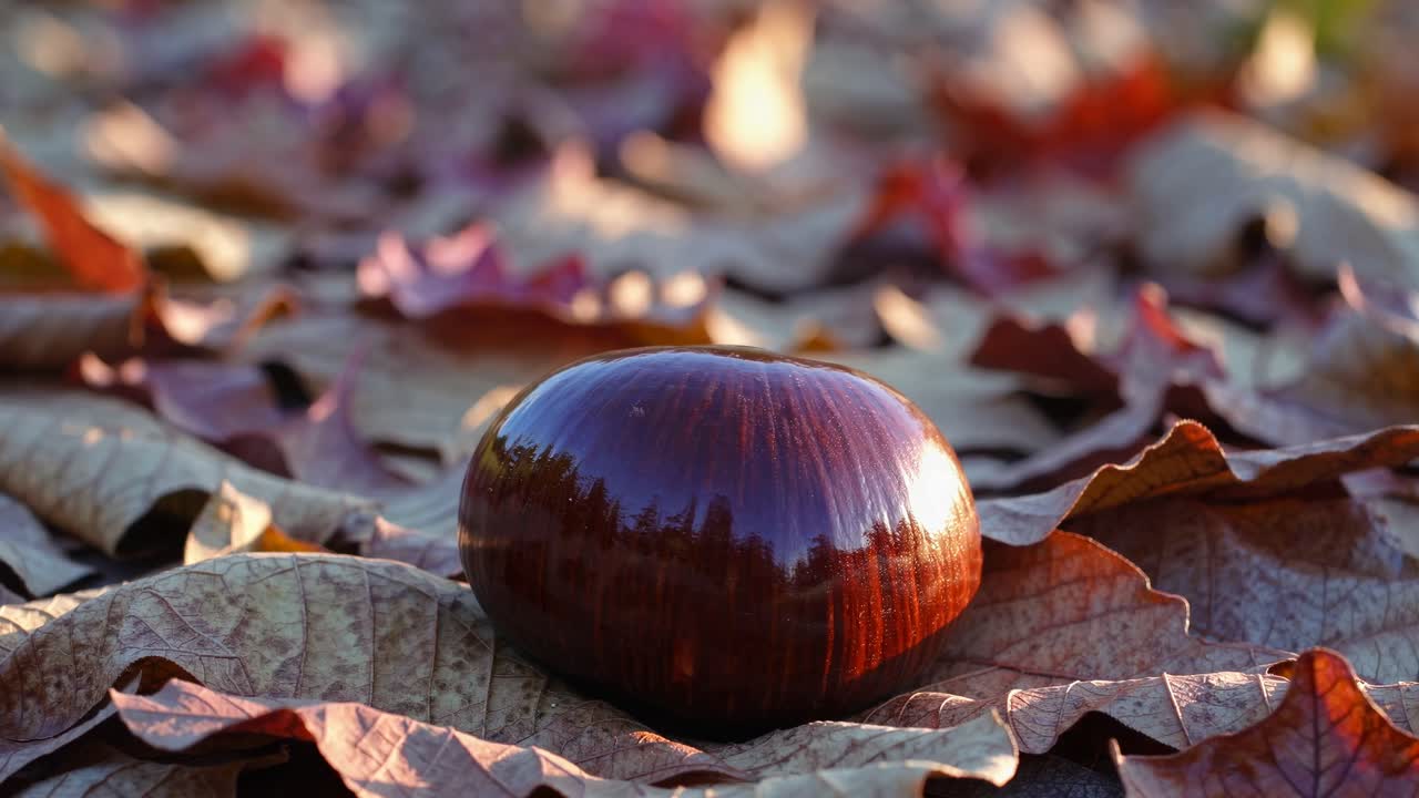 Close-up of a glossy chestnut on autumn leaves, captured at a low angle