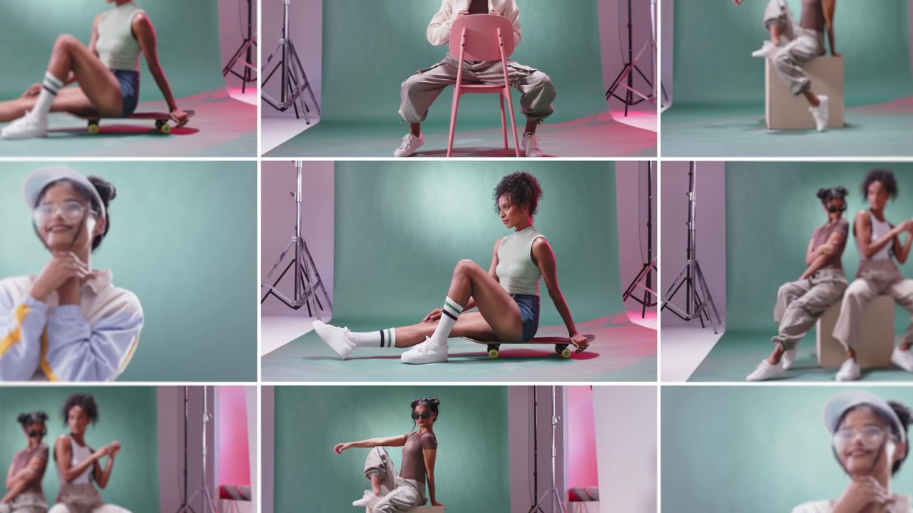 Giovani donne alla moda in posa in un servizio fotografico professionale in studio