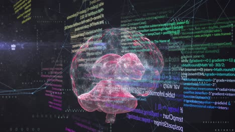 Animation-of-human-brain,-computer-language-and-connected-dots-over-black-background