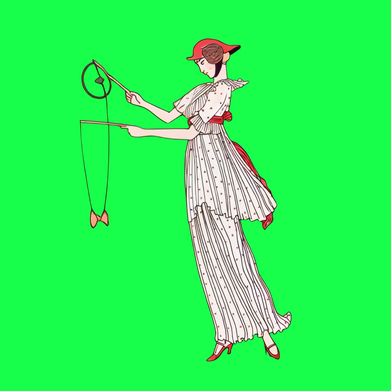 Animazione di una donna in elegante illustrazione di moda vintage, video 4K trasparente, sfondo verde
