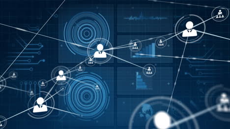 animation of network of connections with icons over data processing and diagrams