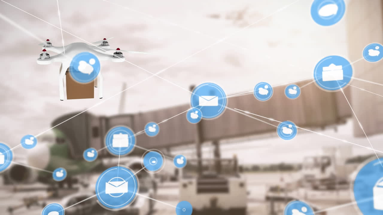 패키지와 함께 배달 드론을 통해 아이콘과 연결 네트워크의 애니메이션