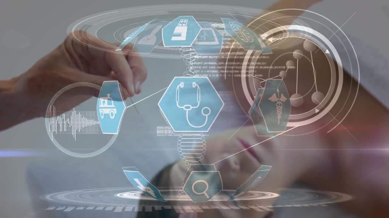 백인 여성이 얼굴에 보 ⁇ 스 치료를 받는 의료 데이터 처리 애니메이션