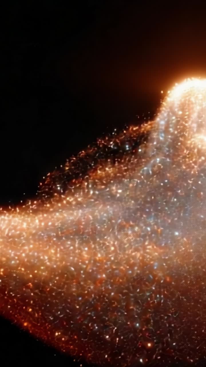 Onda di scintille illuminante: un flusso dinamico di particelle luminose in movimento catturato in immagini mozzafiato con effetti di luce ipnotizzanti su uno sfondo scuro.