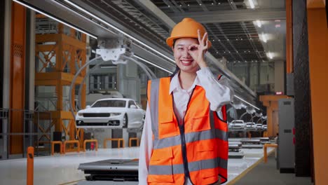 ingeniera asiática con casco de seguridad mostrando ok señal de mano sobre el ojo y sonriendo a la cámara mientras está de pie en la fábrica de automóviles ev