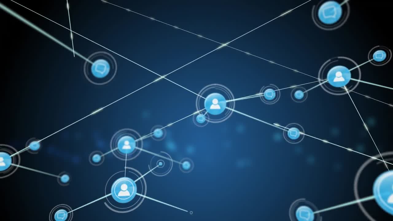 animación de personas e iconos de mensajes conectados con líneas sobre fondo azul.