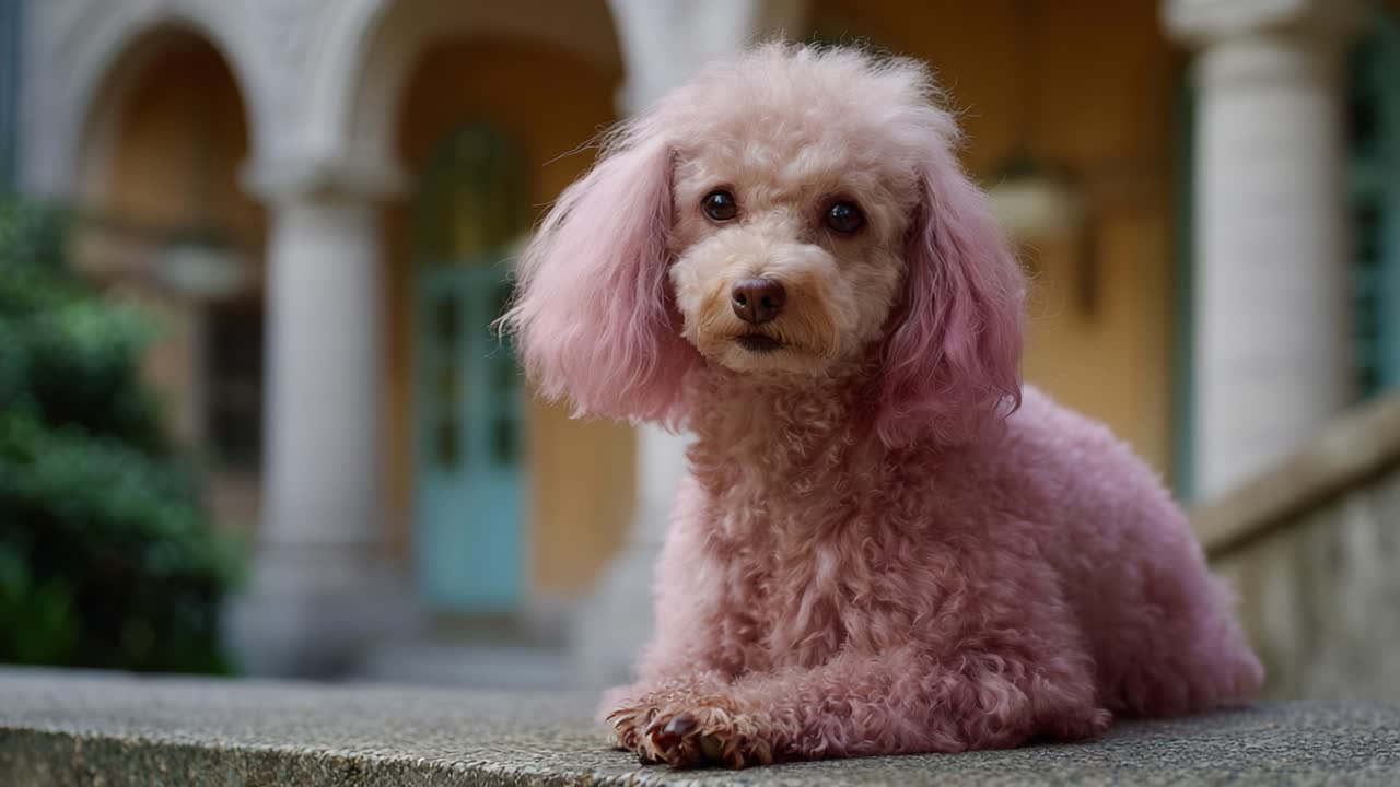 Un adorabile barboncino rosa che riposa elegantemente, mettendo in mostra il suo manto soffice e la sua espressione affascinante, circondato da uno sfondo invitante e tranquillo