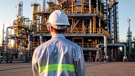 a worker in safety gear is seen from behind, looking at an industrial plant