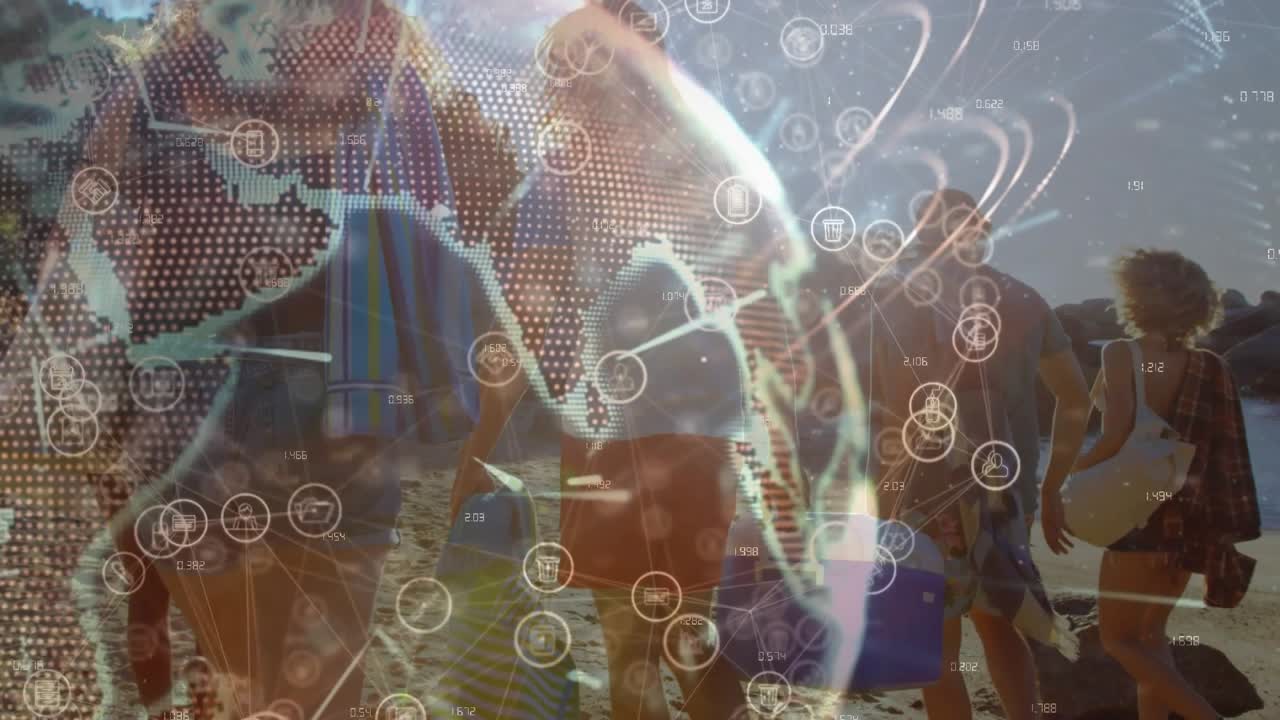 Five adults walking along shore carrying cooler; tech globe partially obscuring group and drifting