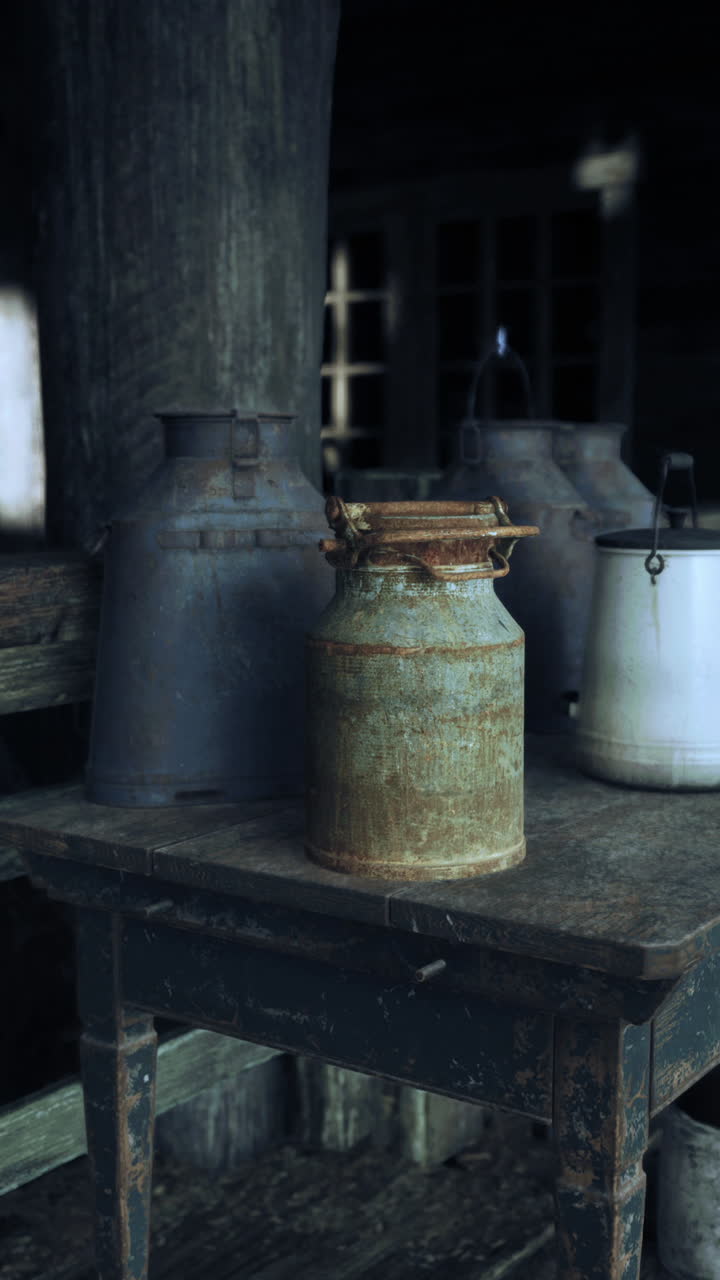 latas de leche oxidadas en una mesa de madera