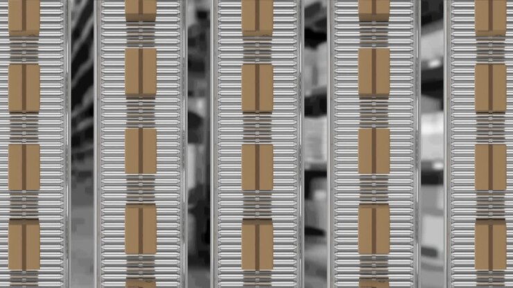 Animation of cardboard boxes moving on conveyor belts over warehouse