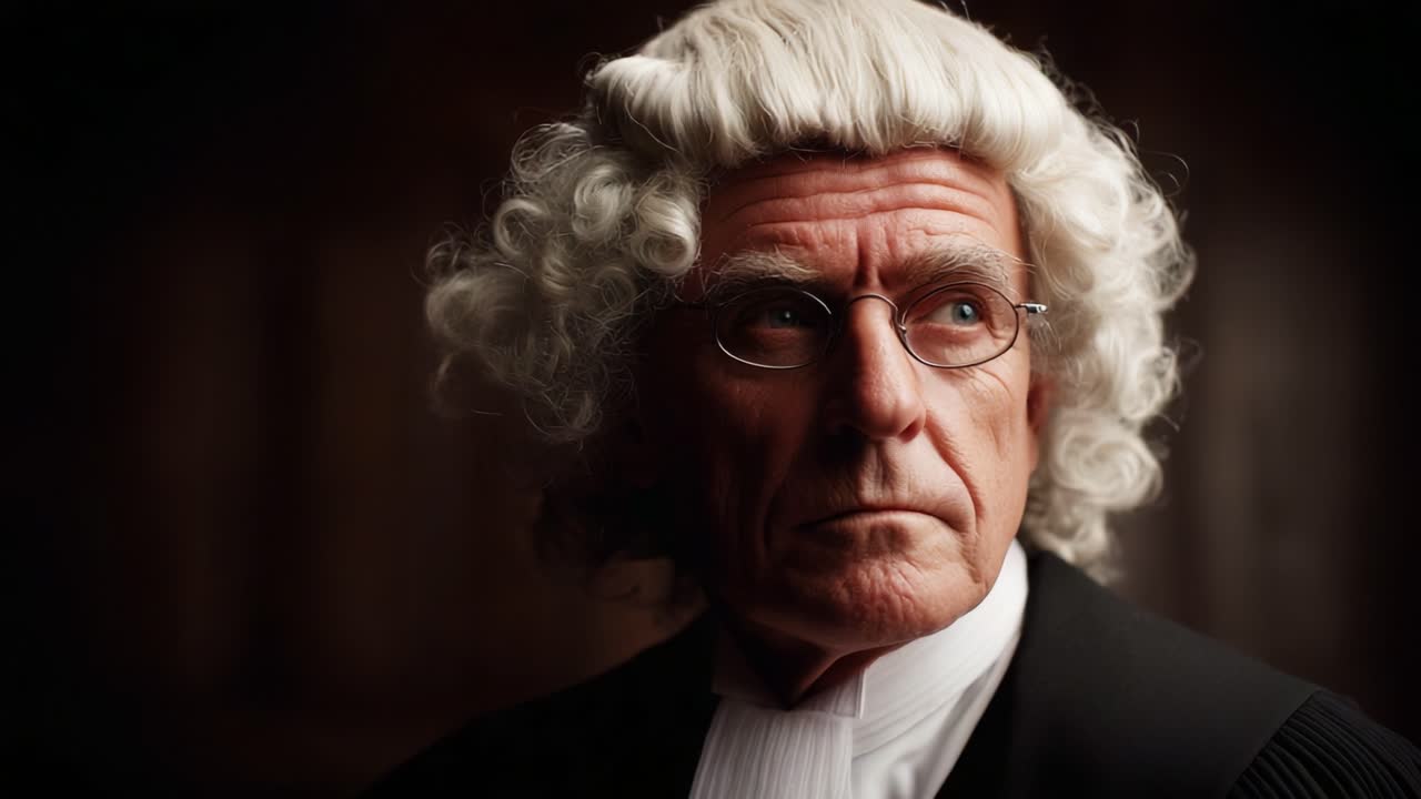 Portrait of a Distinguished Legal Professional in Traditional Wig and Attire, Captured in Soft Light Emphasizing Character and Authority in a Timeless Setting