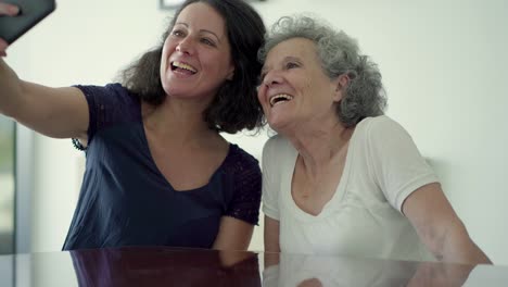 Two-smiling-women-having-video-call-through-smartphone.